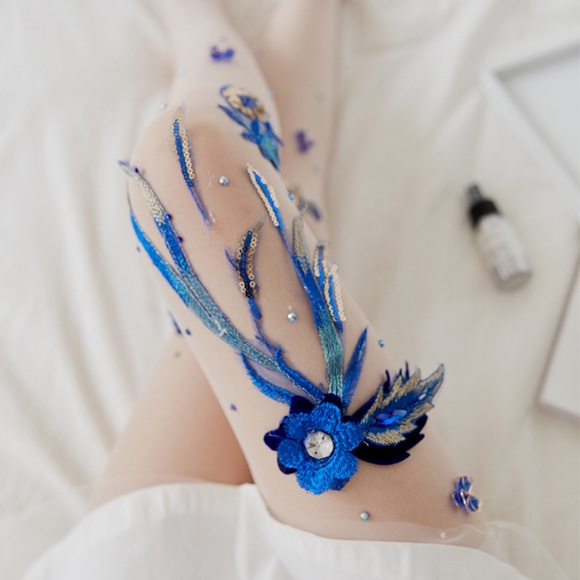 Handmade Sheer Stockings w/ Blue Flowers & Sequins - Picture 3 of 7